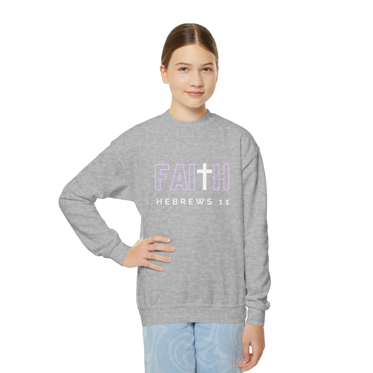 FAITH/Hebrews 11- Youth Crewneck Sweatshirt (lilac letters)