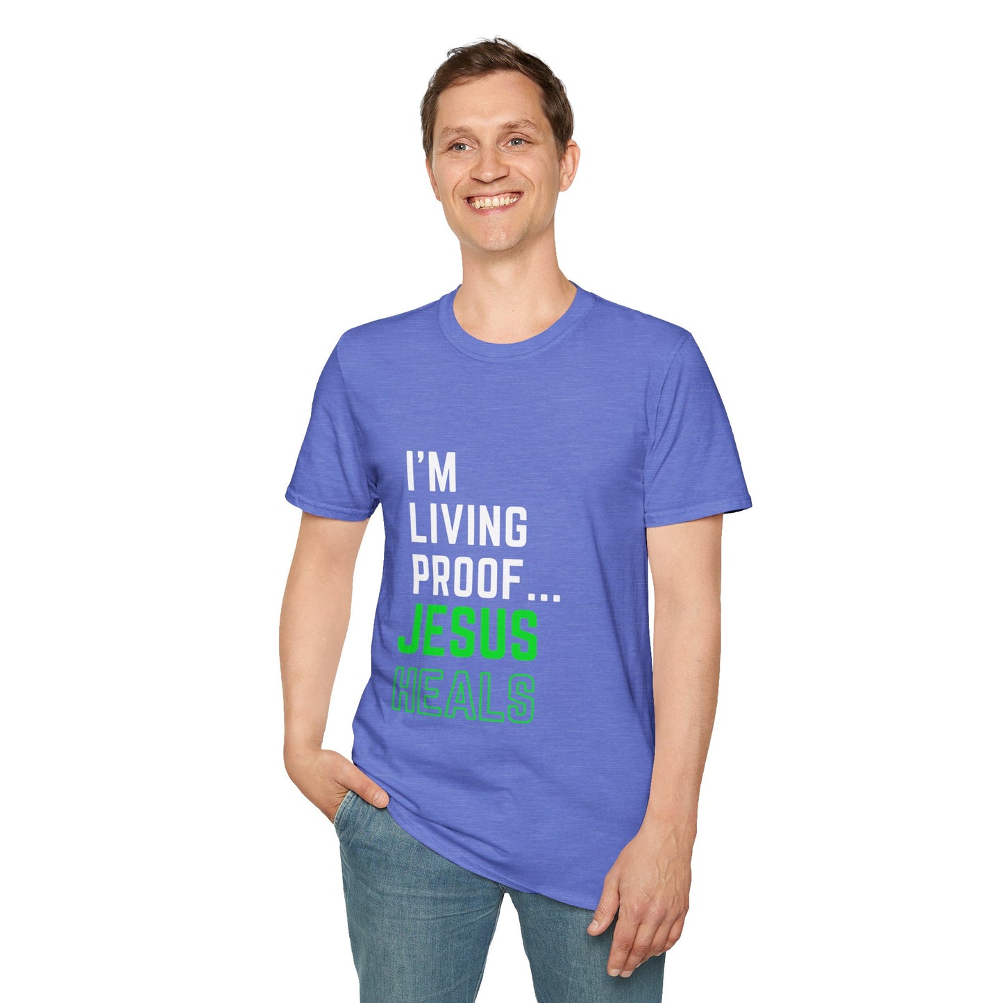 I'm living proof...Jesus Heals- Unisex Softstyle T-Shirt (neon)