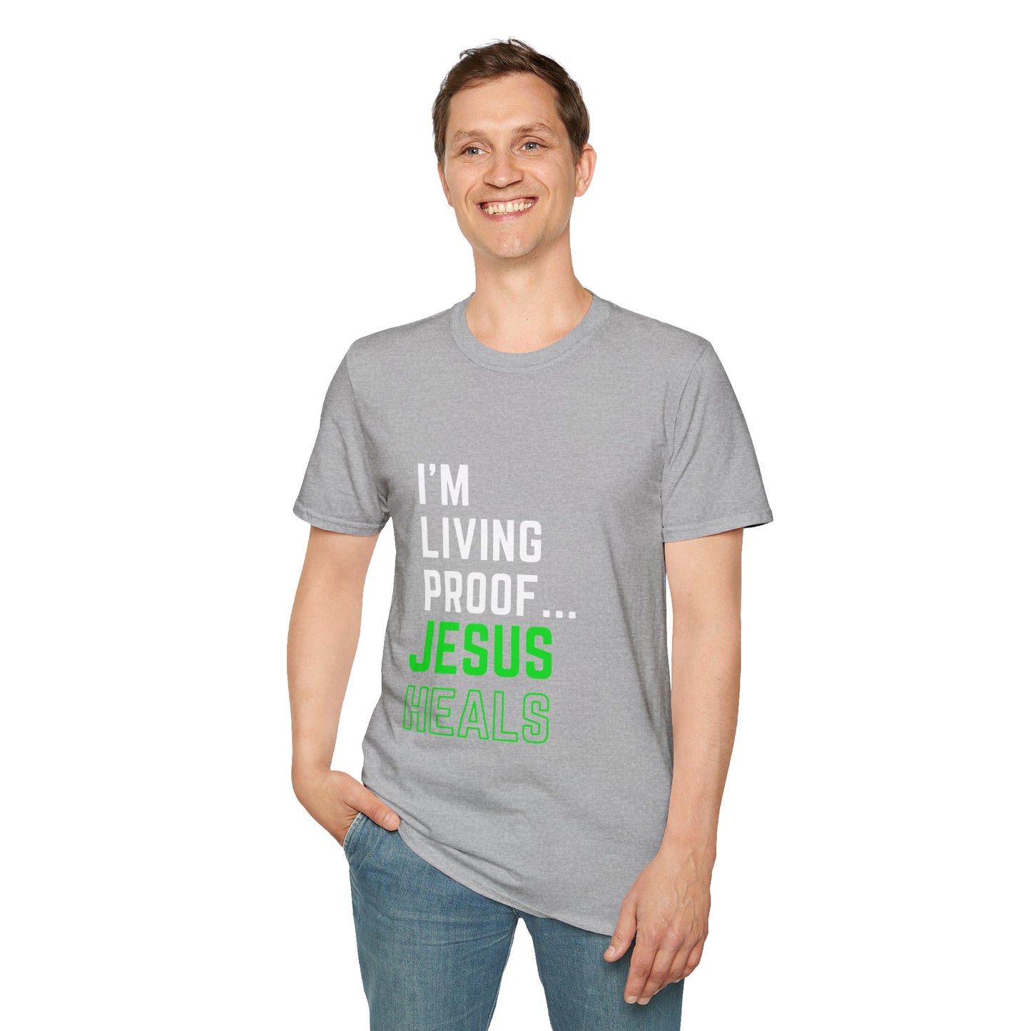 I'm living proof...Jesus Heals- Unisex Softstyle T-Shirt (neon)